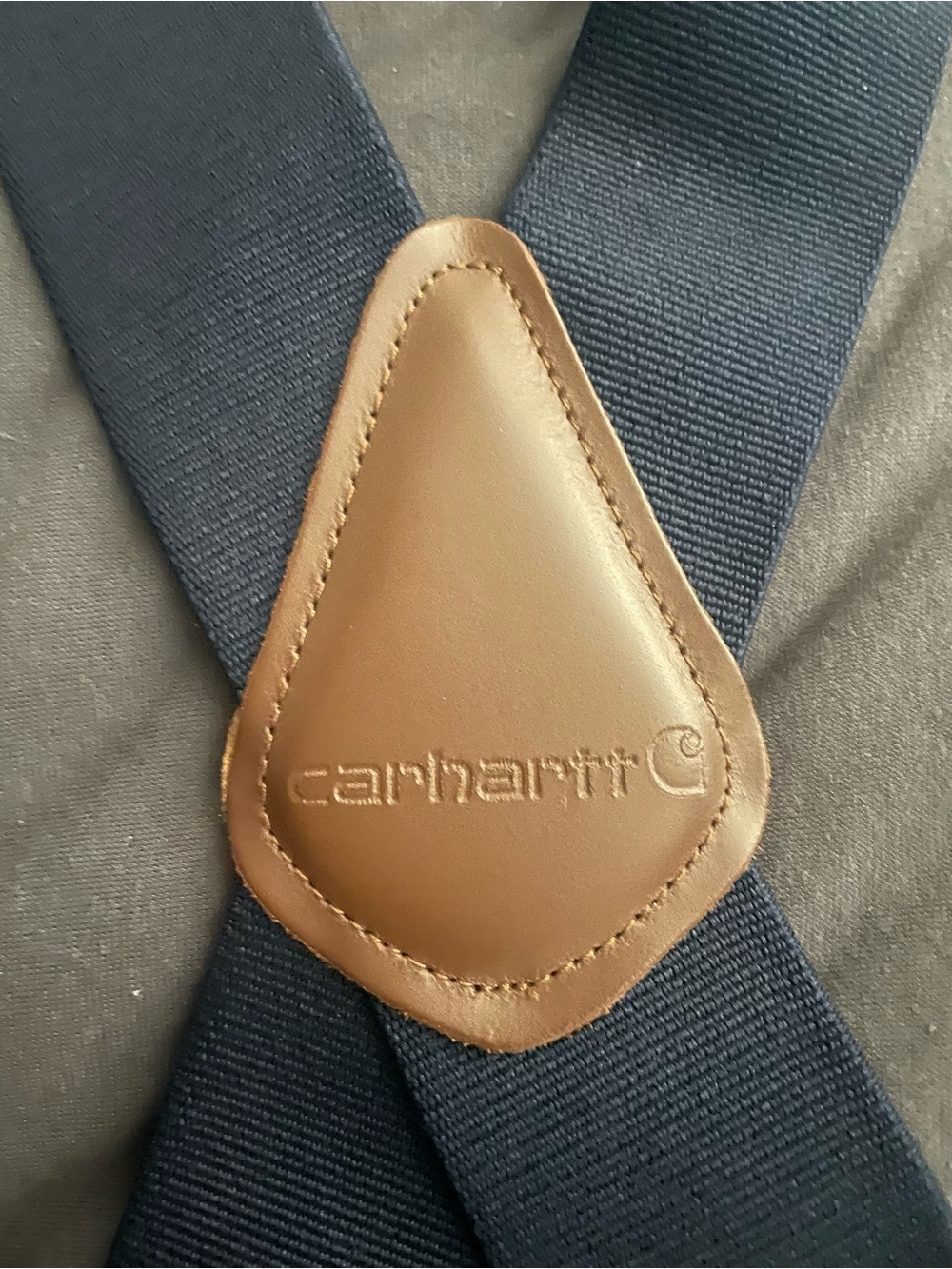 Carhartt Men's Navy and Brown Leather Y-Back Suspenders. Never worn!